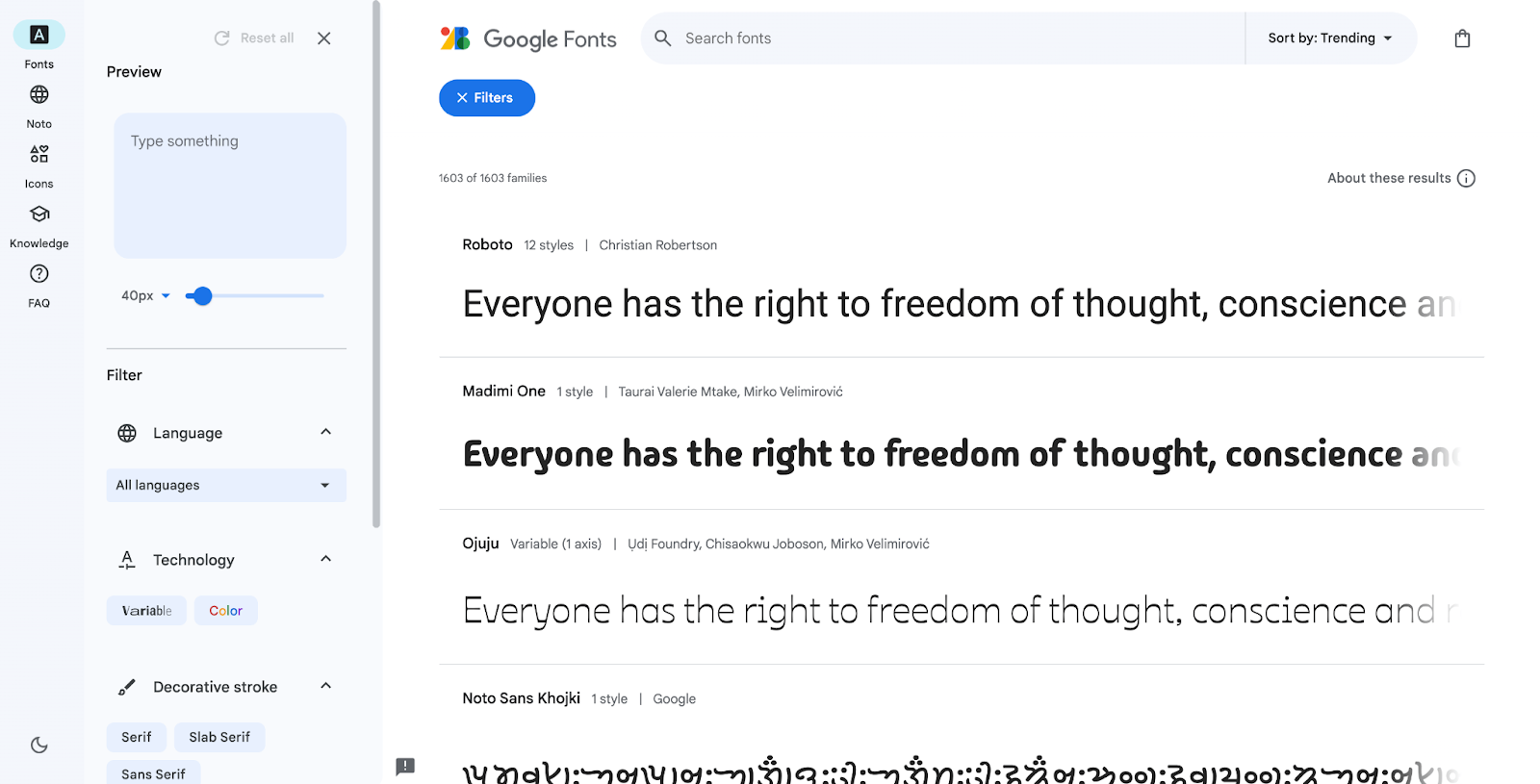 A screenshot of google fonts website - showing different free fonts that you can use