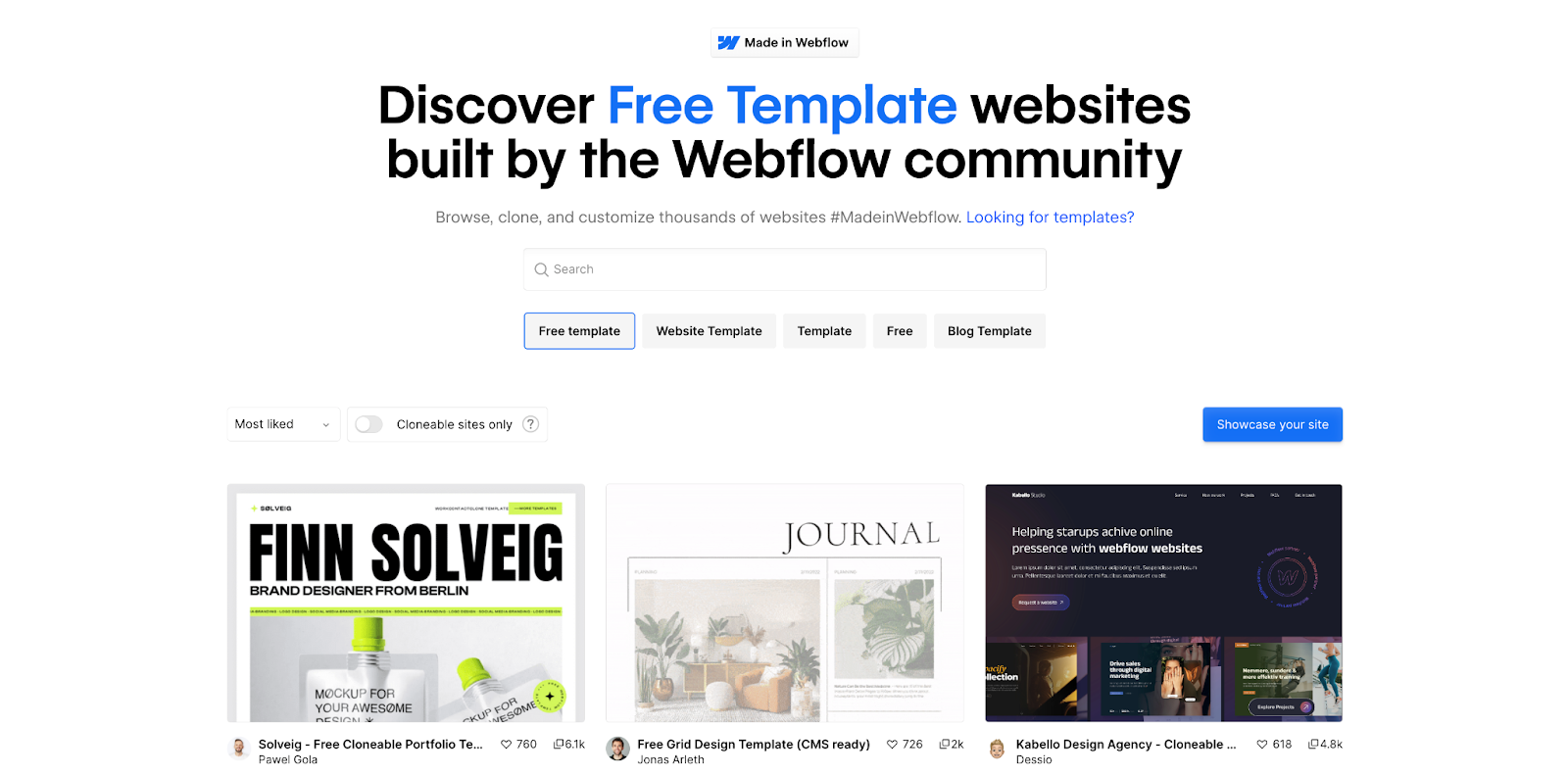 An image of the free template and cloneable section of Webflow homepage, showcasing free website templates created by the Webflow community.