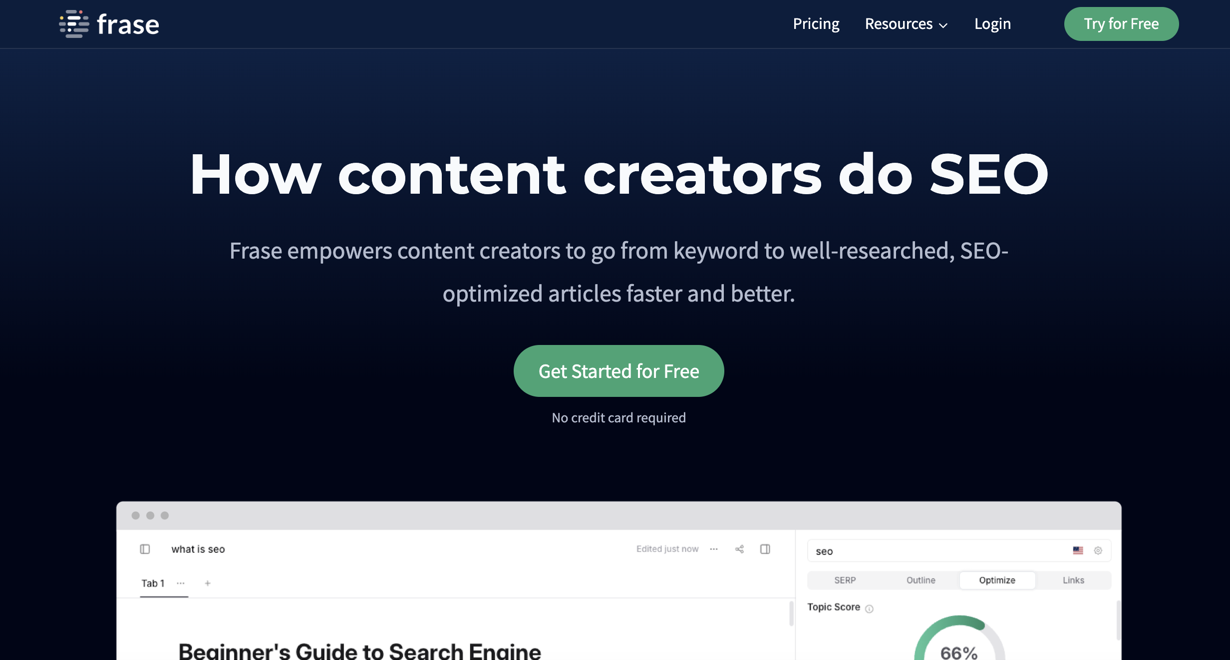 Frase homepage with a dark blue background and centered white text reading "How content creators do SEO."