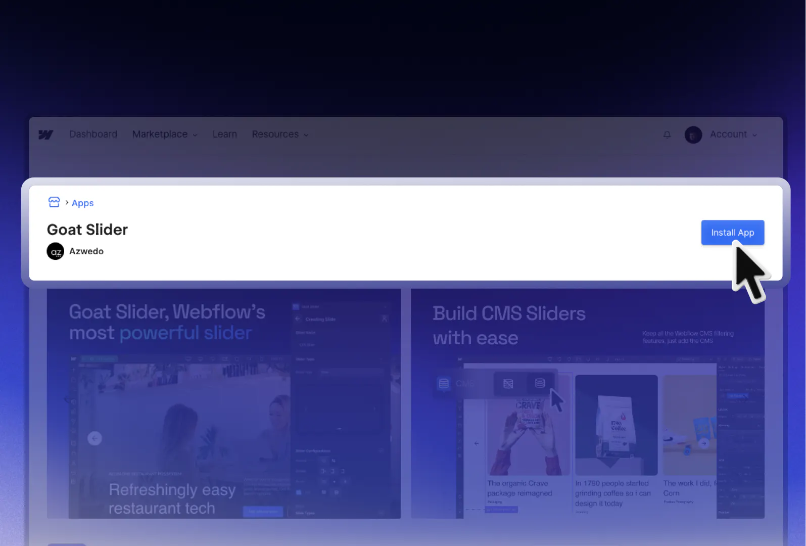 Goat Slider webflow app showcase inside the Webflow App Library - showing the install app button ready to be clicked