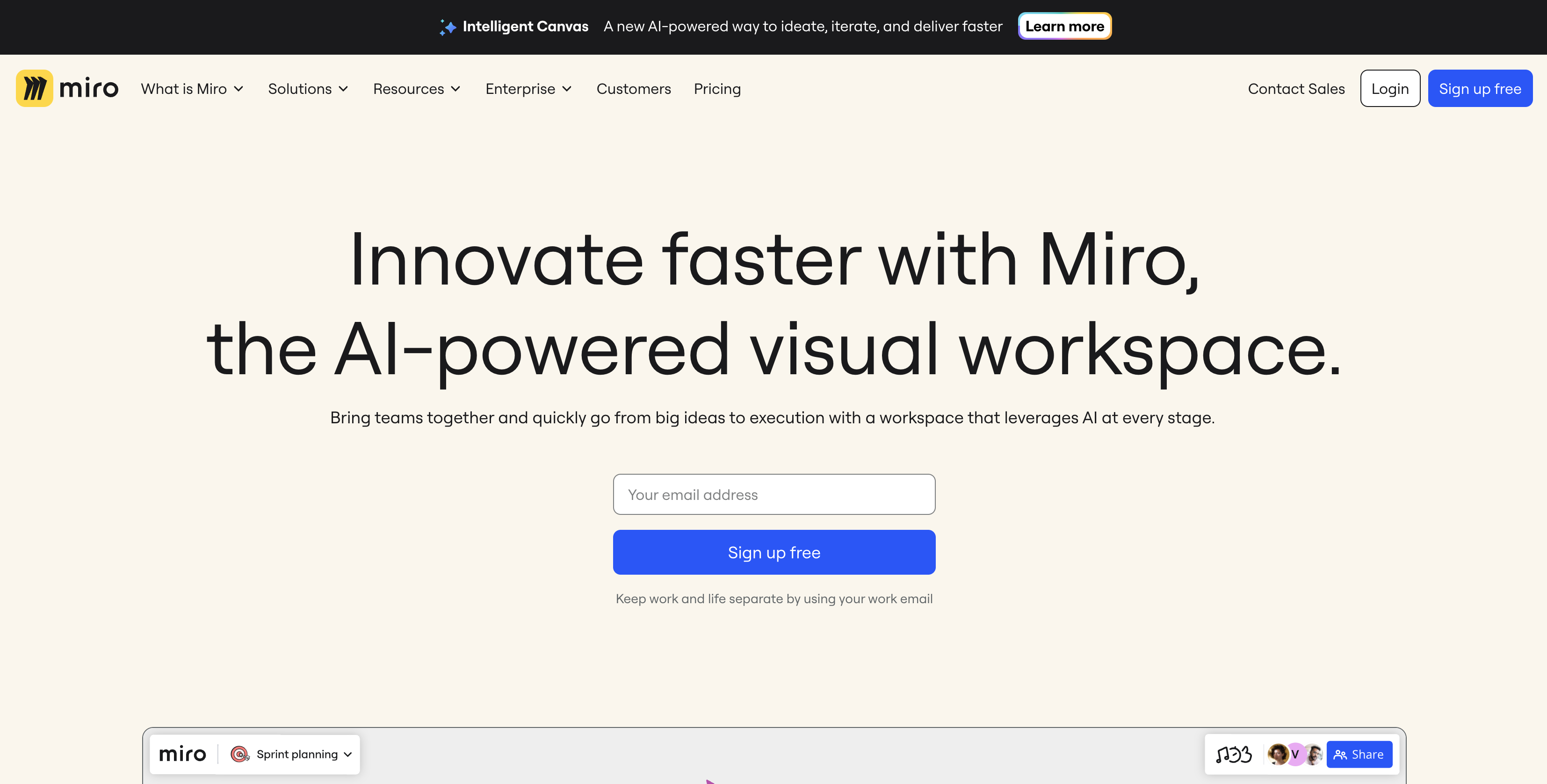 Miro website homepage screenshot - an AI-powered visual workspace