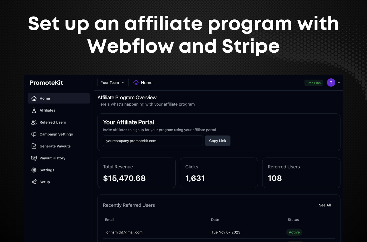 A preview of the PromoteKit Webflow app, showing a table of an affiliate program set up with Webflow and Stripe.
