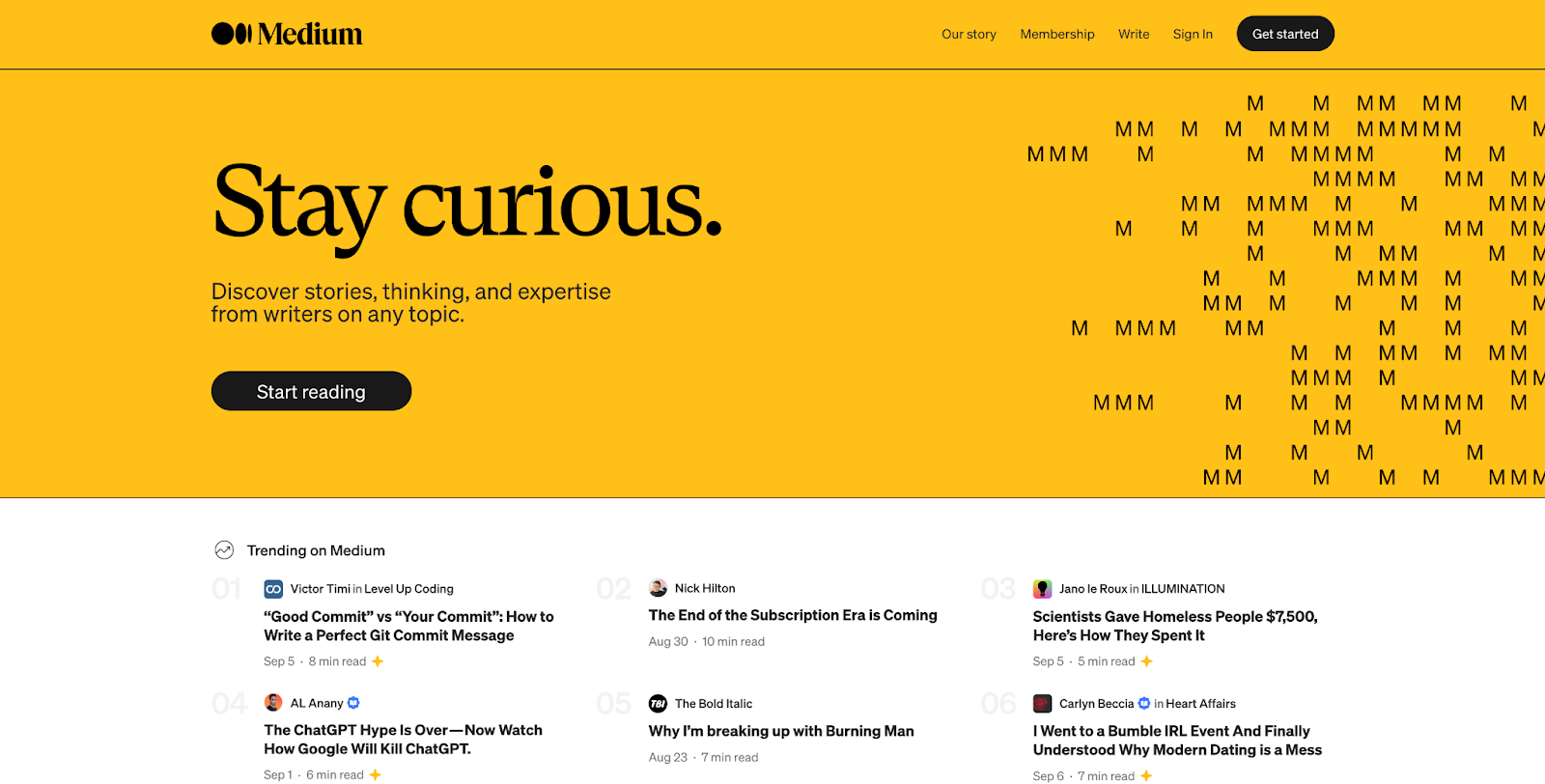 Medium's homepage screenshot with a beautiful yellow background and text saying: Stay curious