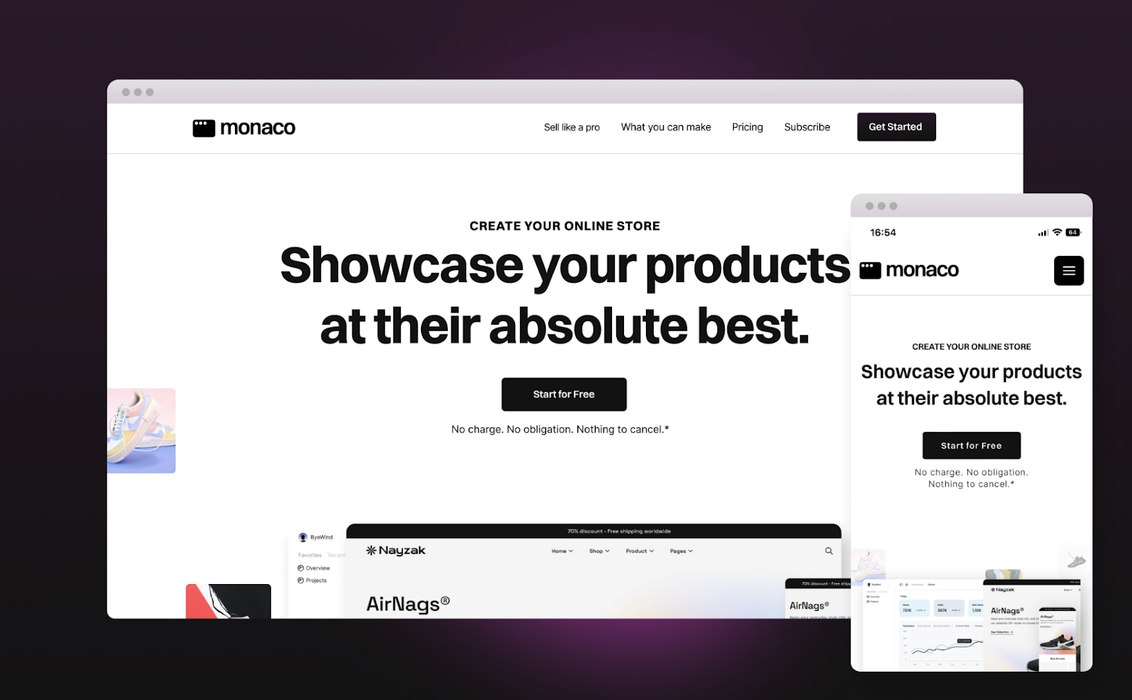 'Showcase your products...' message displayed on the hero section of the Monaco one-pager Webflow SaaS TemplateD
