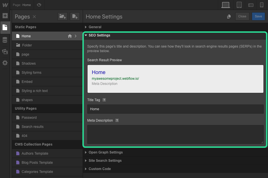 meta tags and meta description in webflow
