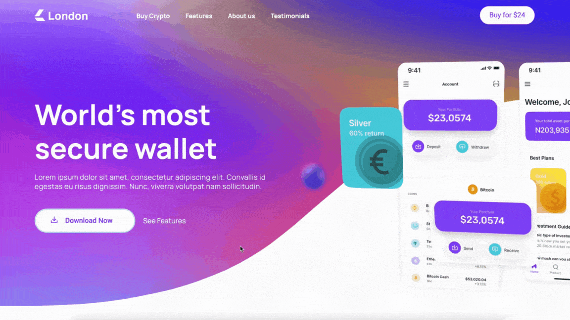 London SaaS template preview of animations and intereactions through gif
