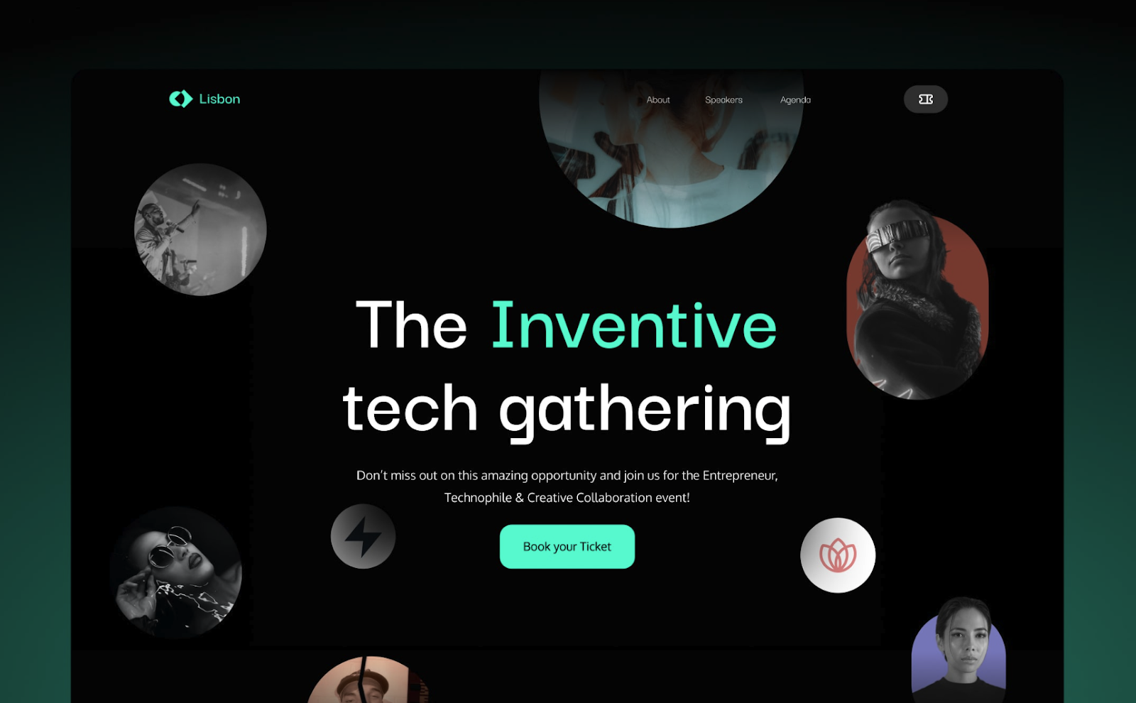 'The inventive tech gathering' message displayed on the hero section of the Lisbon One-pager Webflow Event Template