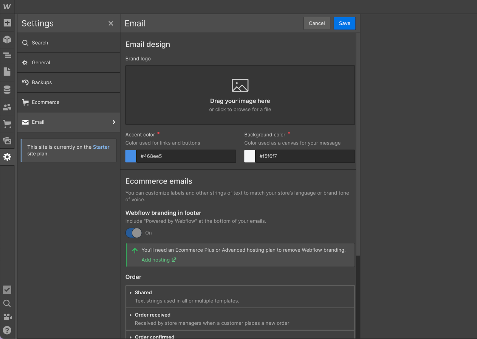 Email settings on Webflow ecommerce setup guide