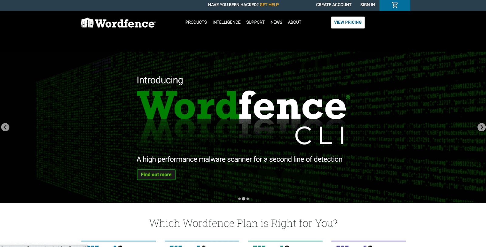 Wordfence's homepage screenshot, a black backgroung with "Introducting Wordfence" text in green and white in the middle