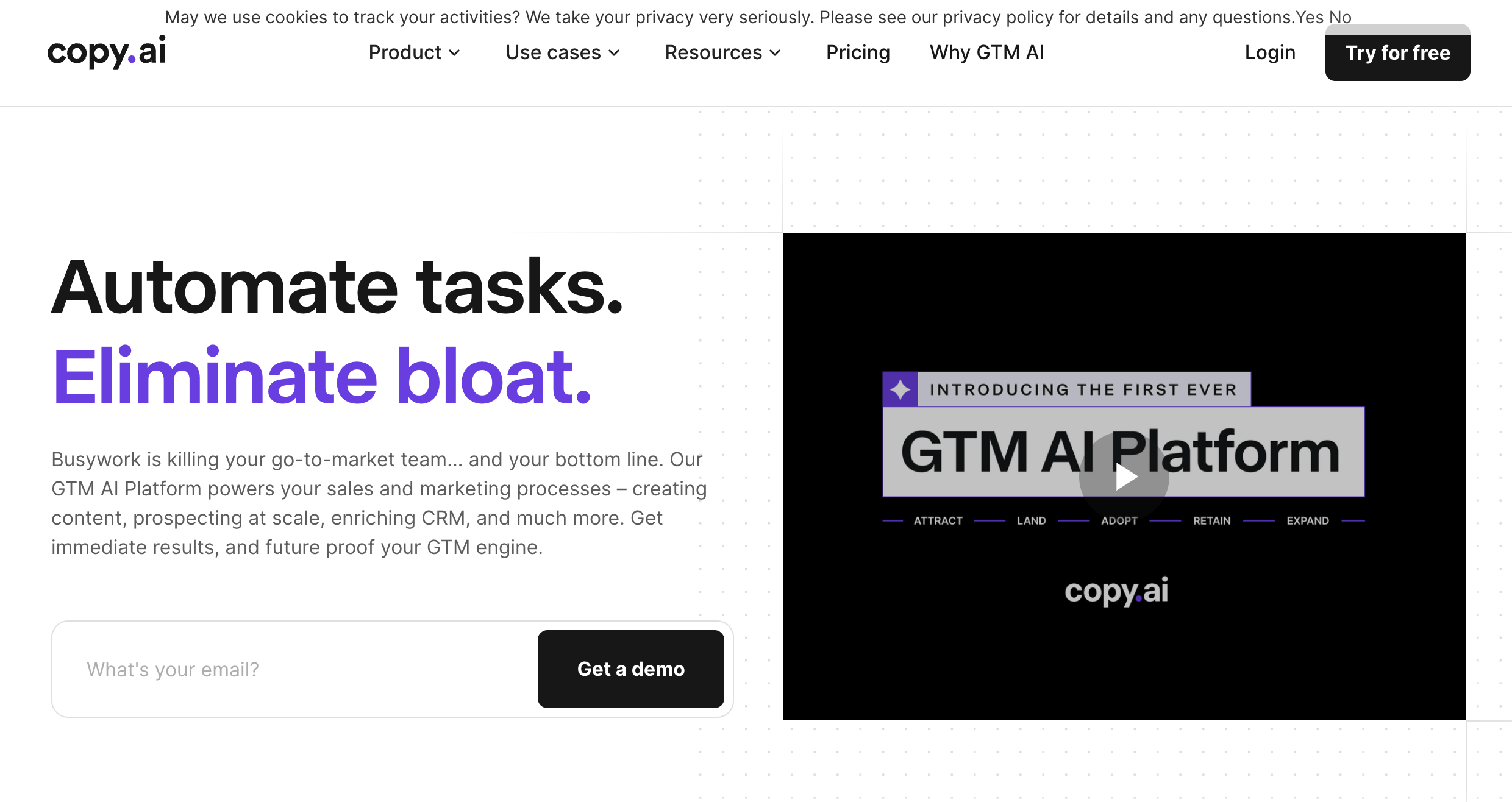 Copy.ai homepage featuring a dark video thumbnail with white text overlay reading "INTRODUCING THE FIRST EVER GTM AI PLATFORM
