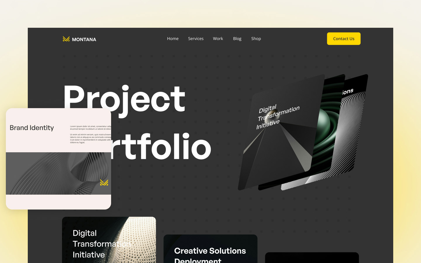 Montana template displaying a modern project portfolio with a focus on brand identity and digital transformation initiatives.