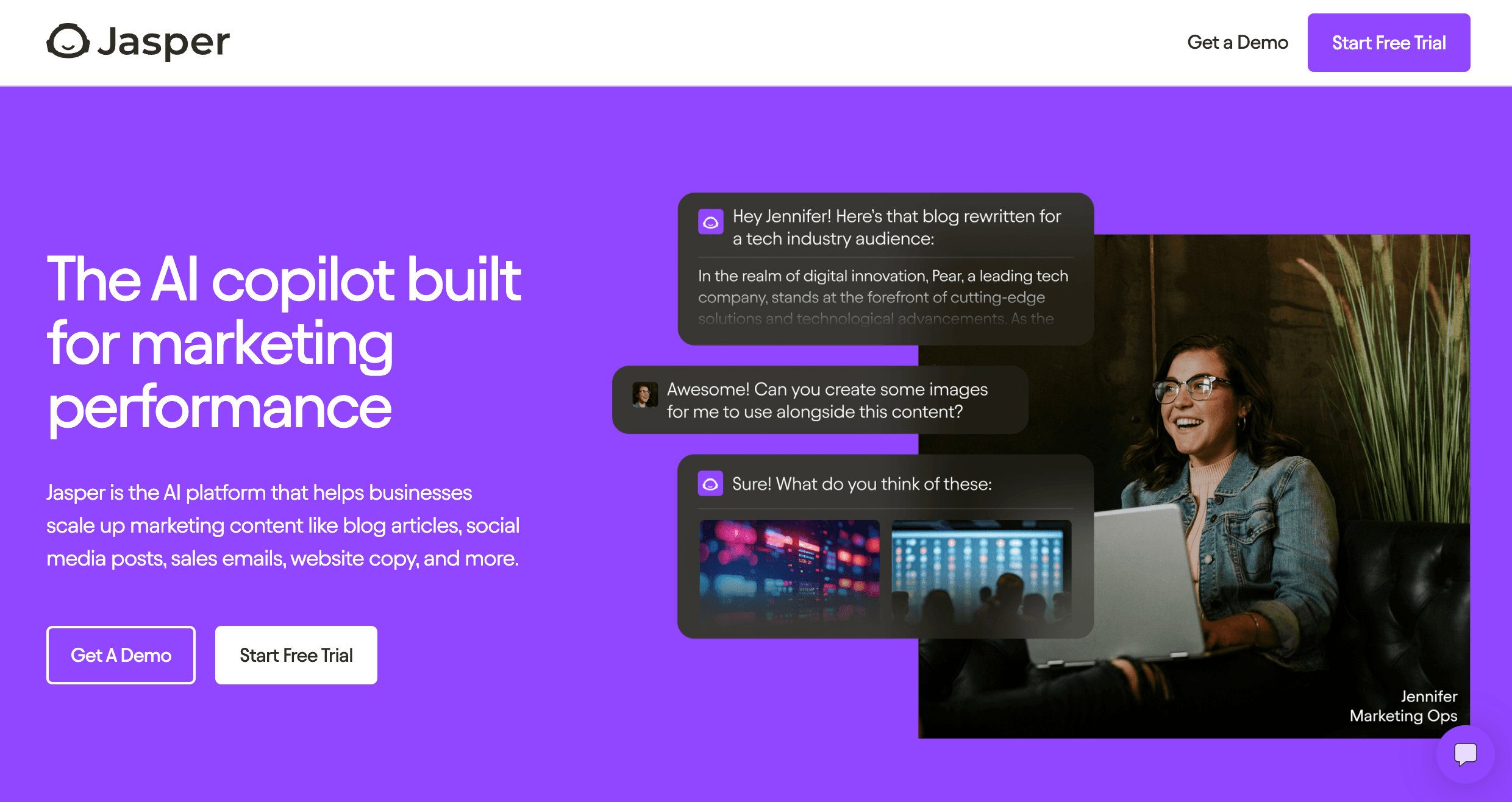 Jasper AI platform screenshot showing the tagline "The AI copilot for marketing performance," a brief description of Jasper's capabilities, and calls to action for getting a demo and starting a free trial.
