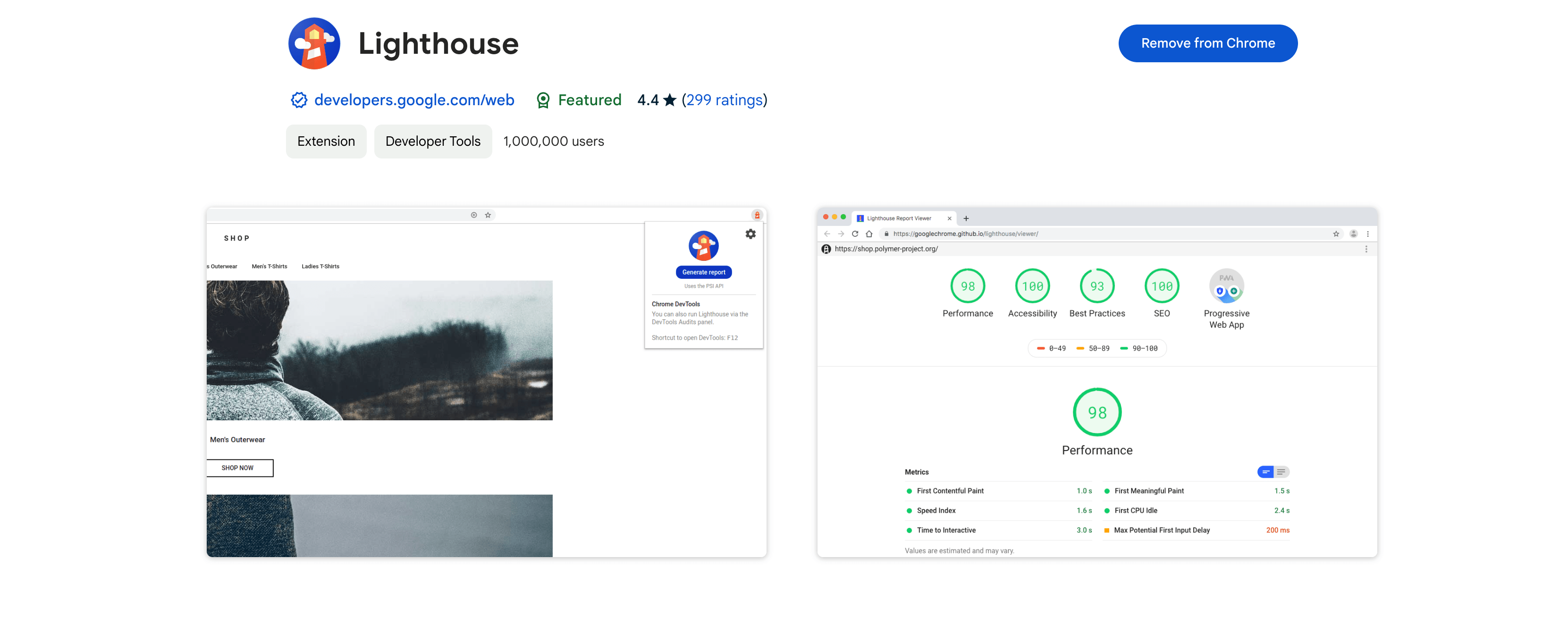 Lighthouse a chrome extension made by Google for web developers - a preview from the chrome library