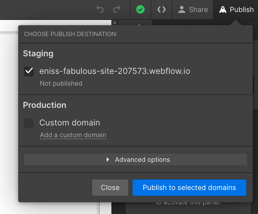 A picture showing the Webflow publish window and button