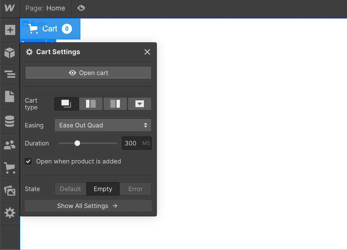 Cart settings image on Webflow ecommerce