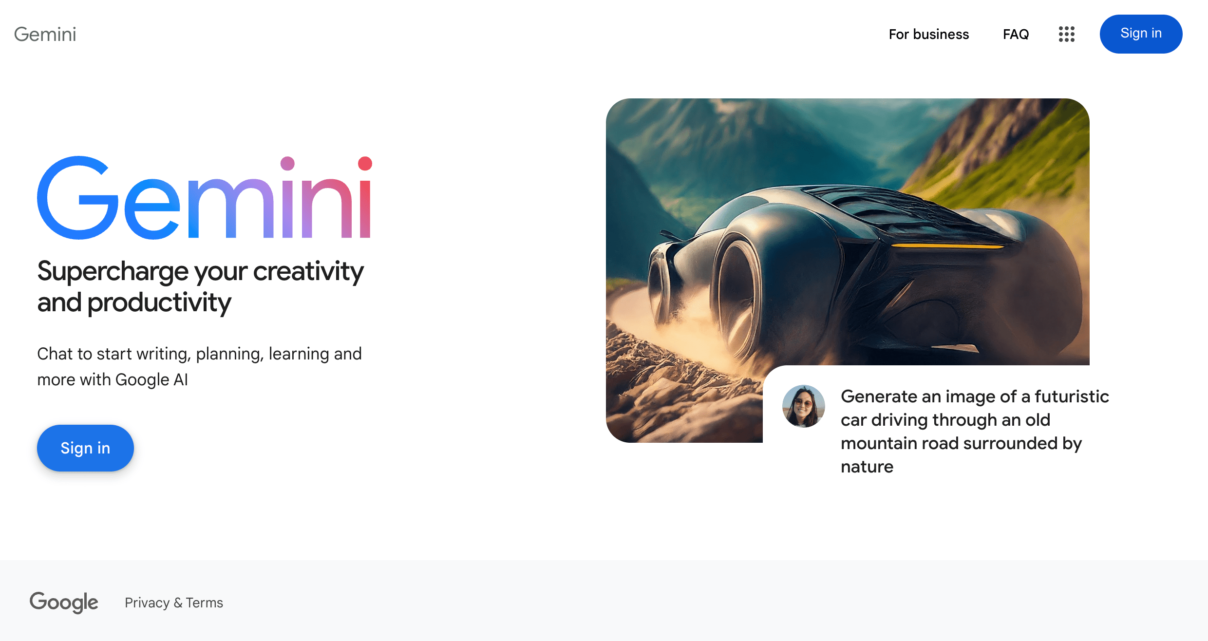 Google Gemini website preview, showing a futuristic car genereated with gemini on the right