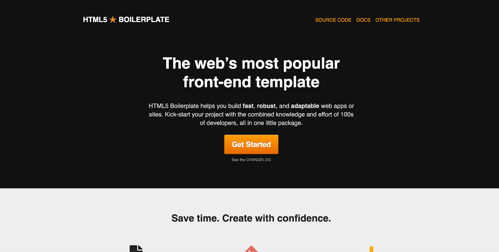 HTML5 Boilerplate's homepage screenshot with text saying "Web's most popular front-end template"