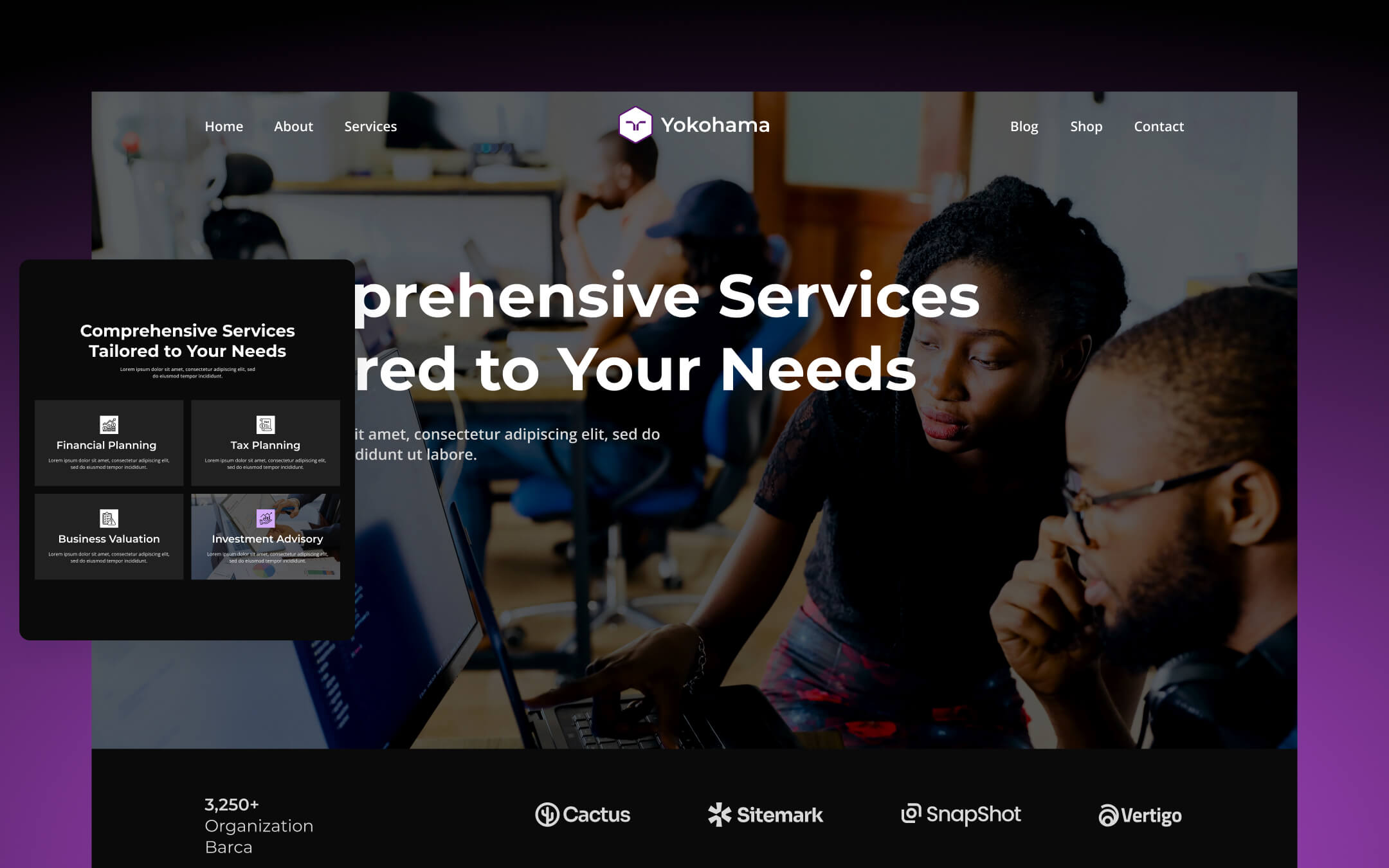 Yokohama Template: Finance services website template with sections for financial planning, tax planning, and investment advisory, set in a professional layout.