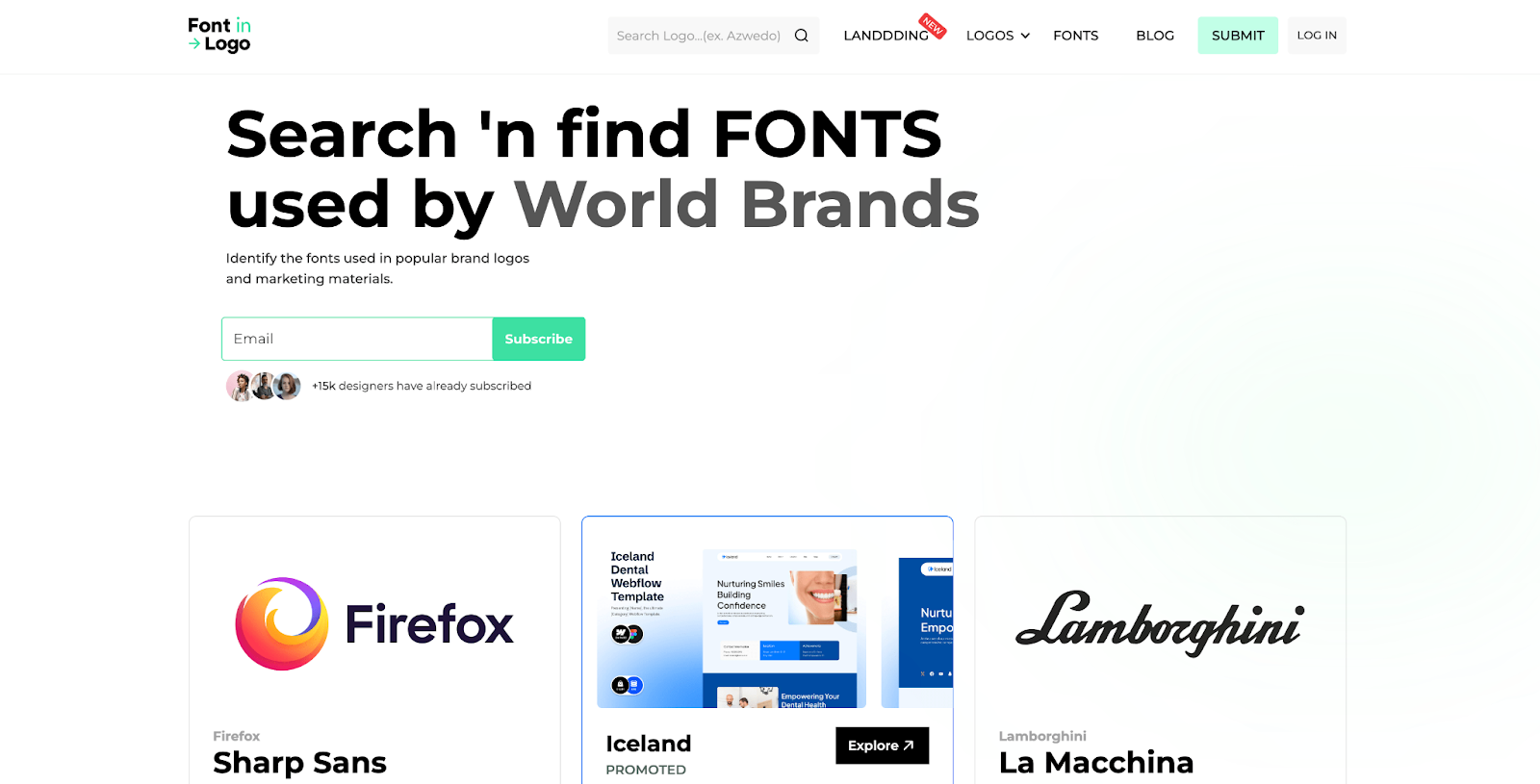 A screenshot of fontinlogo.com website - a site where you can find different fonts used by famous brands
