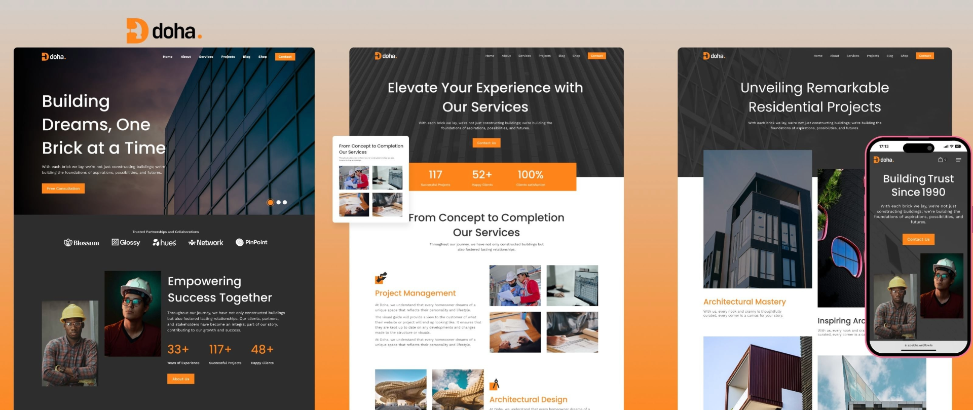 Doha Webflow construction template marketing design showcase of 3 different pages of the template, the last one shows also the mobile view