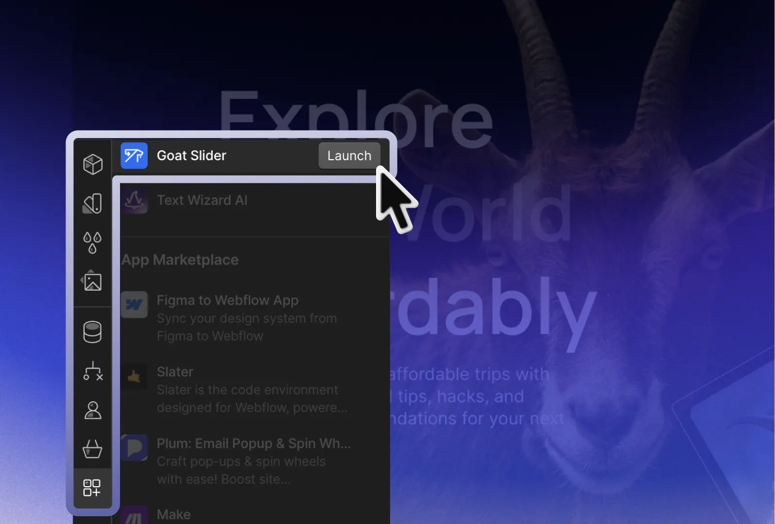 Goat Slider Webfolow application preview inside the Webflow designer canvas, showing the focus to the launch button