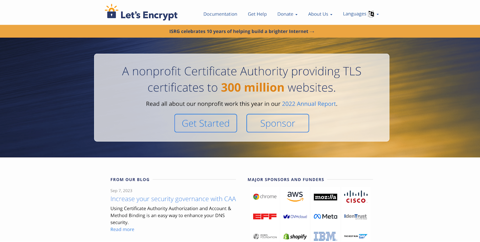 Let's encrypt homepage screenshot saying they provide TLS certificates to 300million websites