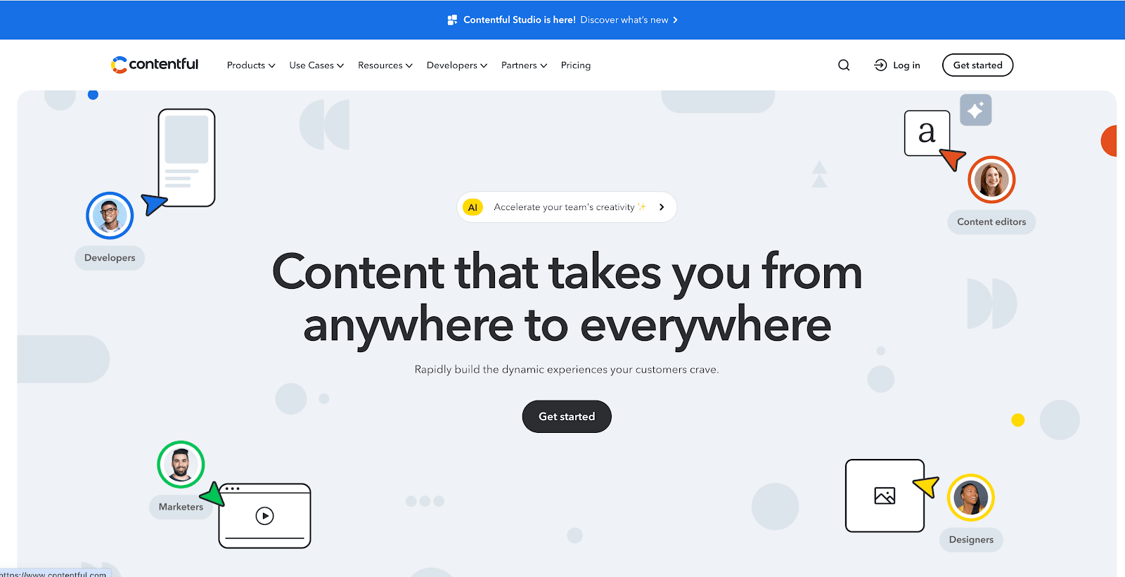 A preview of the contentful website homepage - content that takes you from anywhere to everywhere
