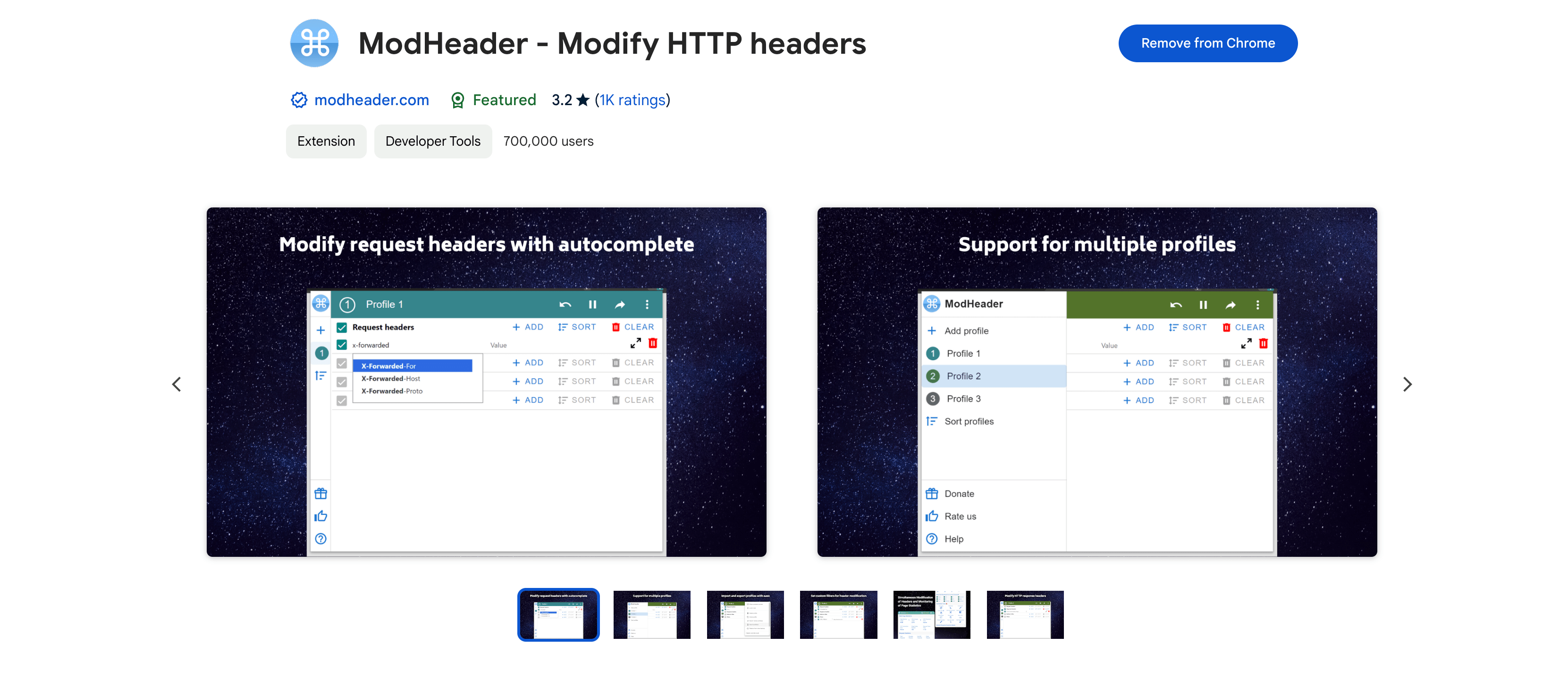 ModHeader chrome extension image showcase preview frm the chrome extensions library