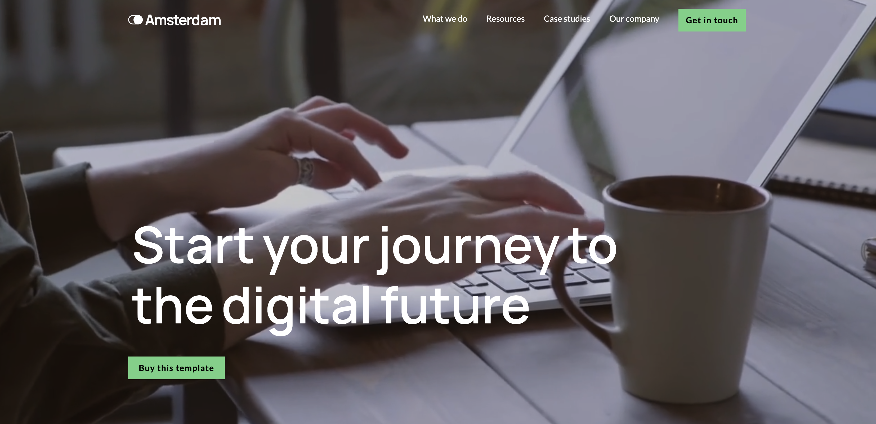Amsterdam webflow agency template homepage shows a girl with a laptop on a desk.