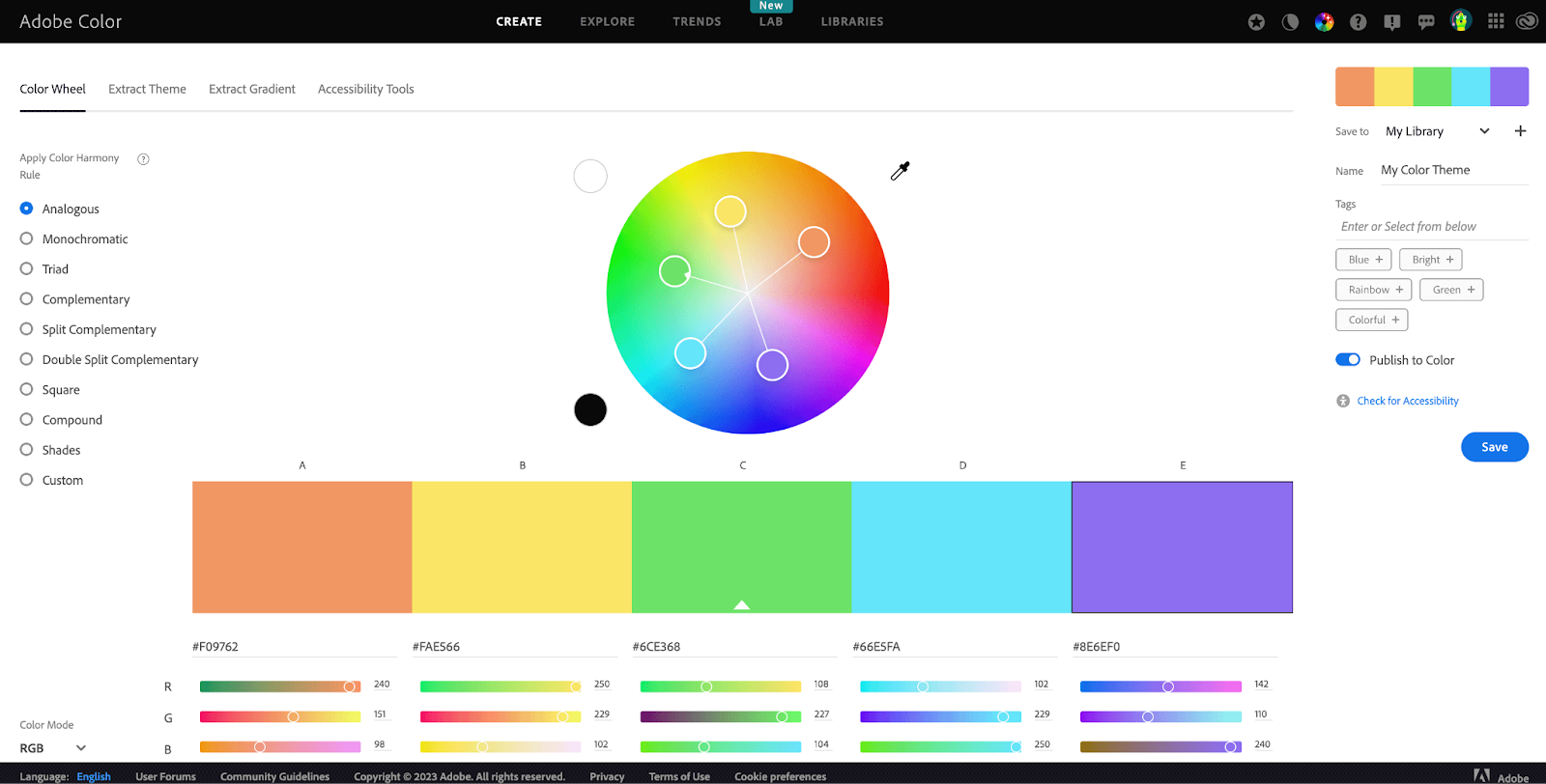 Adobe Color Wheel's homepage showing a round colored wheel with different colors to select