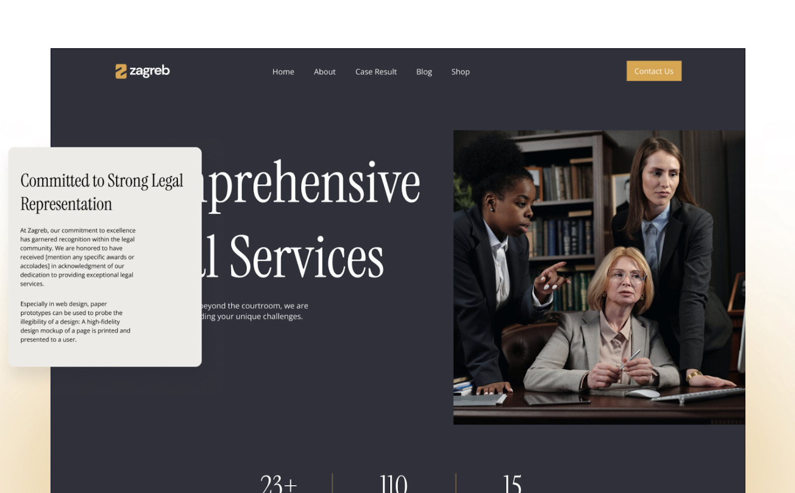 Zagreb Webflow Law Firm Agency website template showing three lawyers discussing a case in a law office with books and a laptop on the desk, browsing through documents on a website.