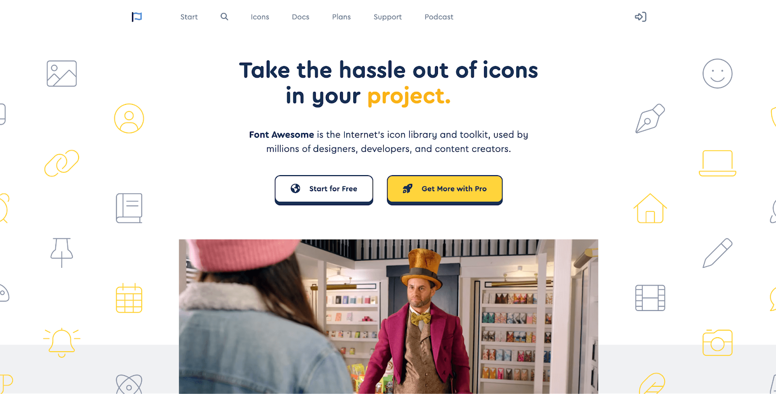 Font Awesome' s homepage screenshot showing a man with a magicians hat in the background
