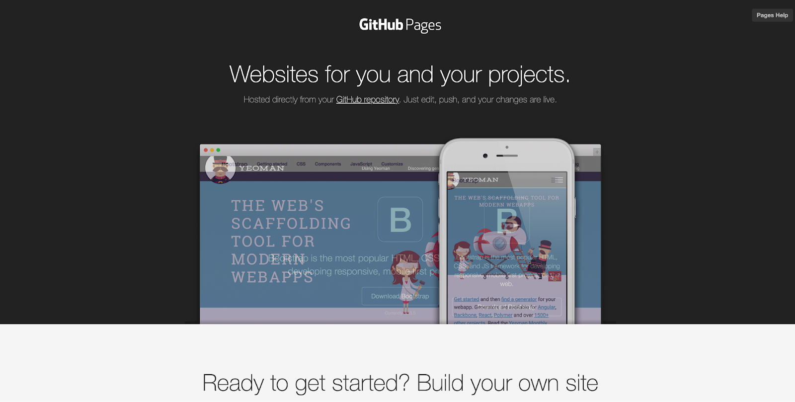 Github Page's page screenshot with text saying "Websites for you and your projects"