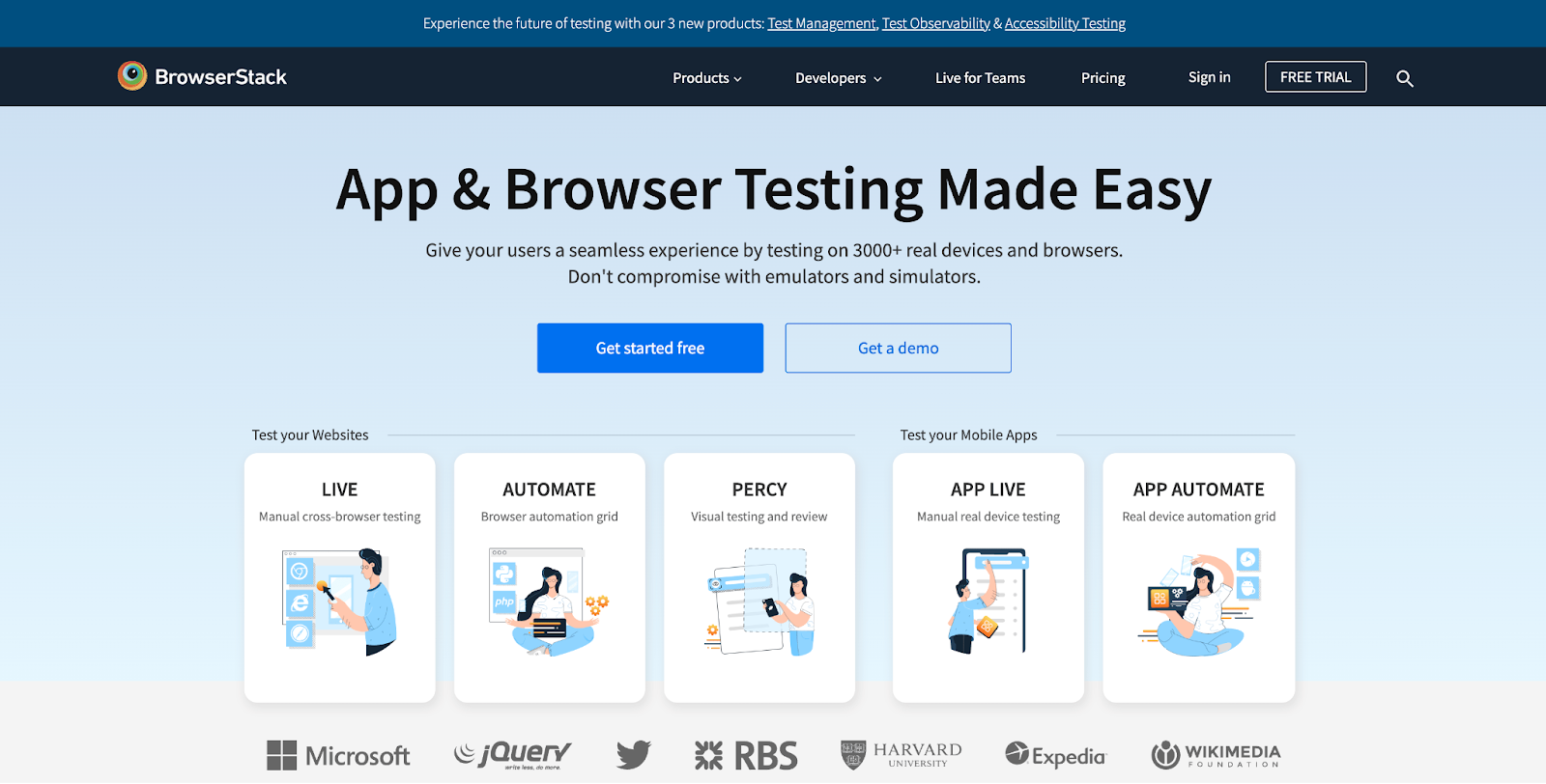 BrowserStack homepage screenshot - a light blue background with a blue button saying Get started for free
