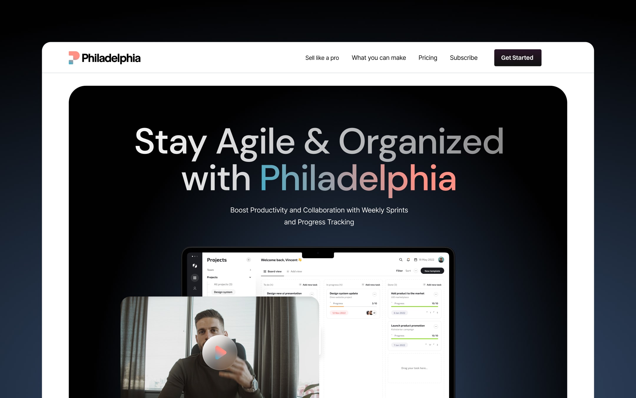 Philadelphia one-page SaaS template - a screenshot showing its hero section reading "Stay agile&organized" and a video of a person on the backgound on the edge