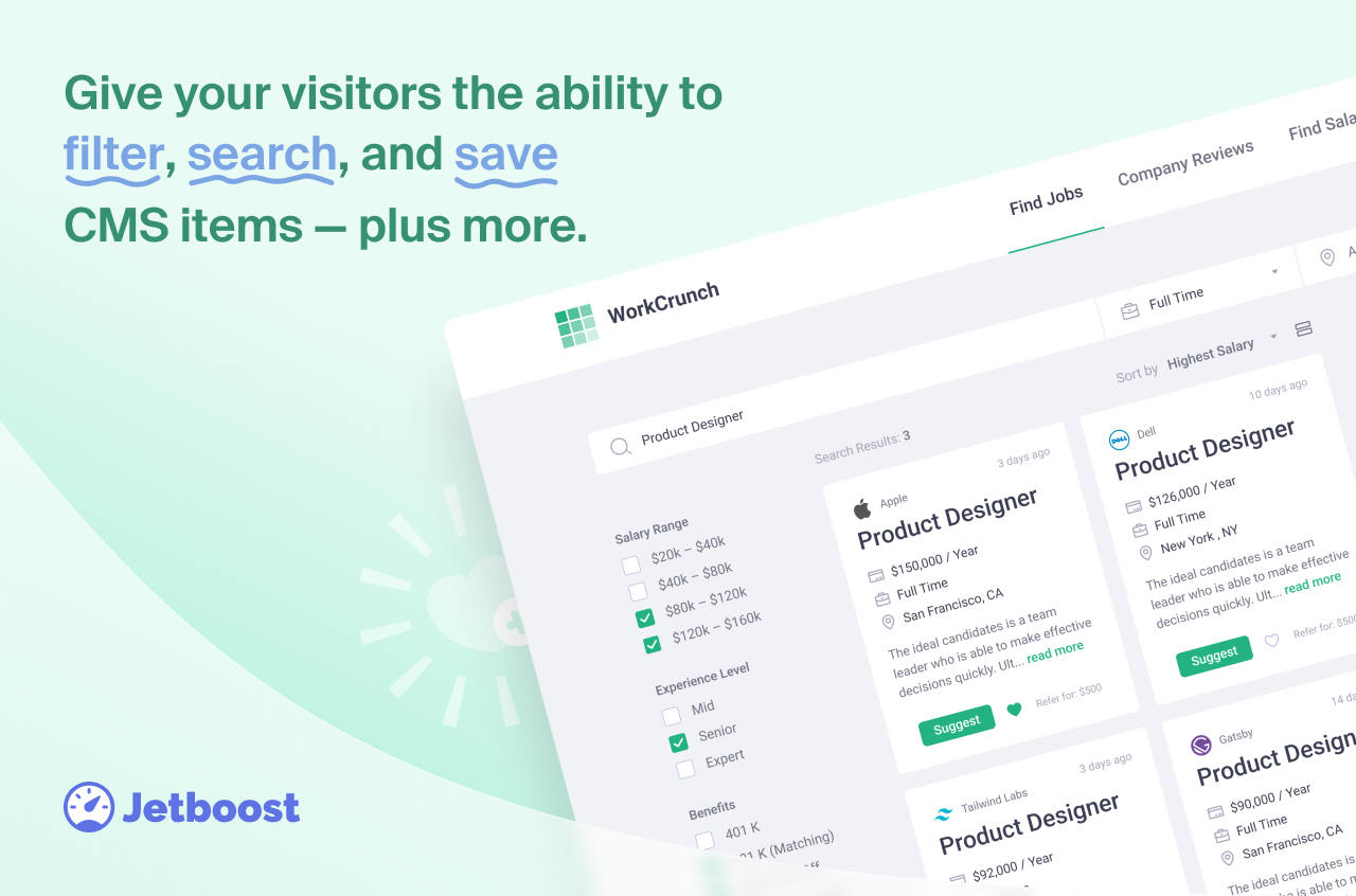 A preview of the Jetboost webflow app - the app gives your visitors the abilito to filter, search and save CMS items and more