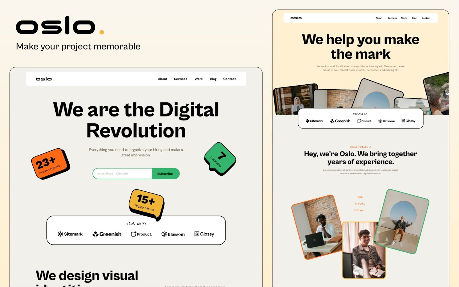 Oslo agency website template - A showcase of two different sections of the homepage design