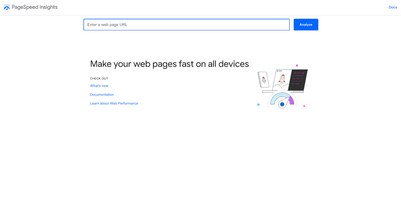 Google Pagespeed Insights homepage screenshot showing a URL bar in the middle and analyze button