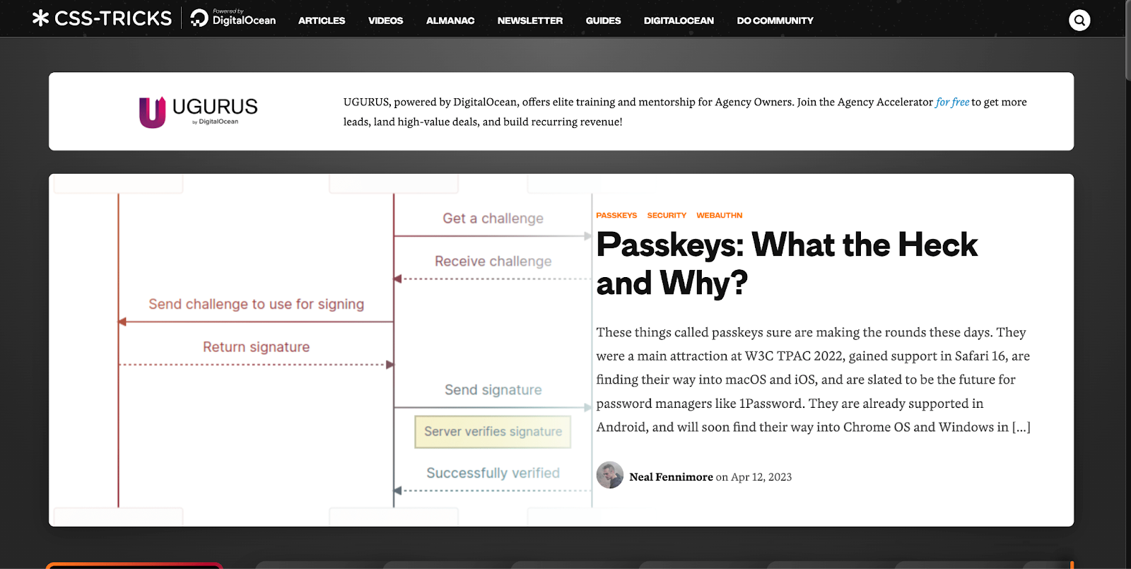 Css-tricks homepage screenshot showing a featured article about Passkeys