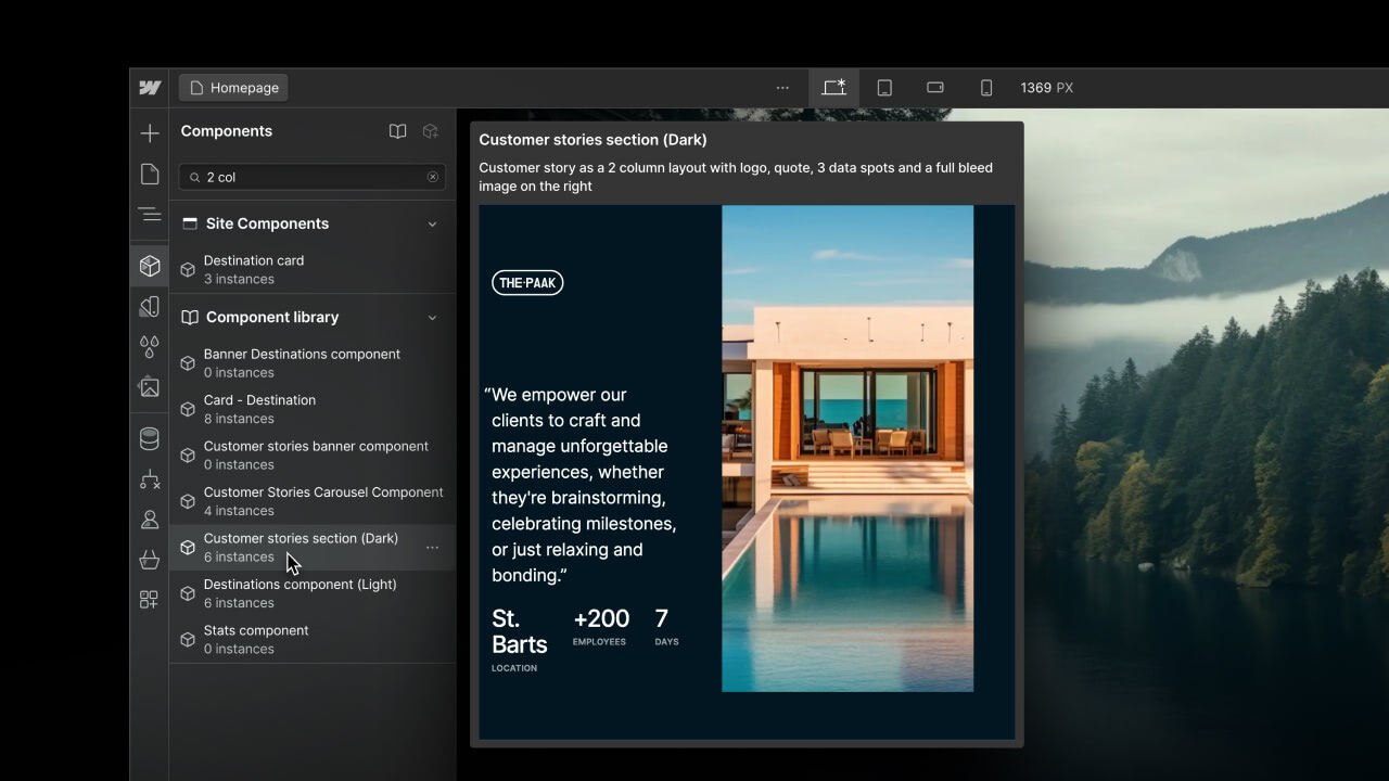 The image shows the new Component previews feature, showing a customer stories section (Dark)" component, featuring a 2-column layout with a customer quote and an image.