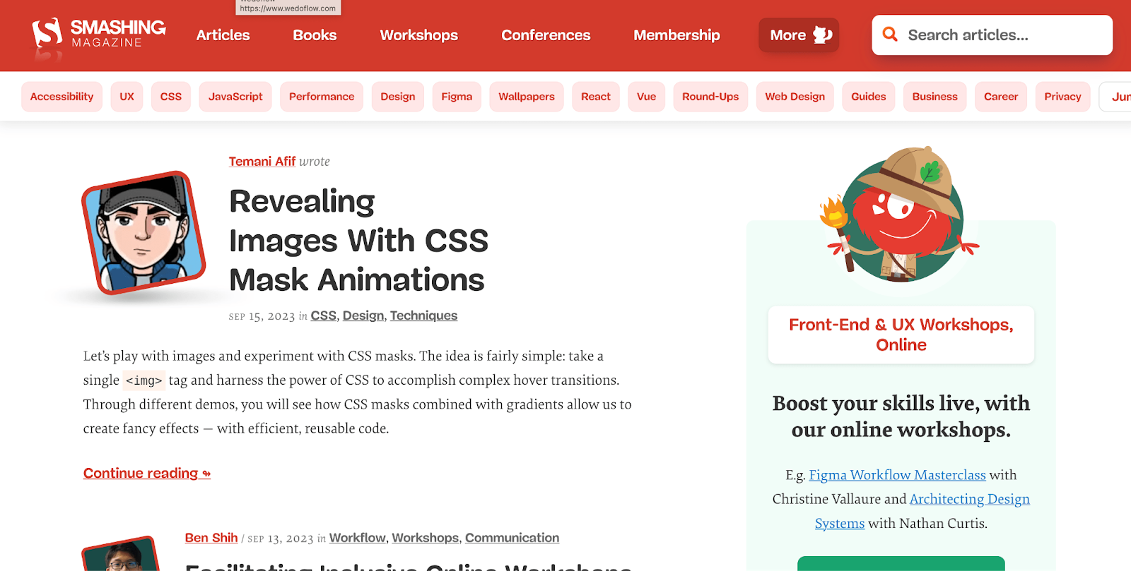 Smashing Magazine's homepage screenshot showing the latest articles