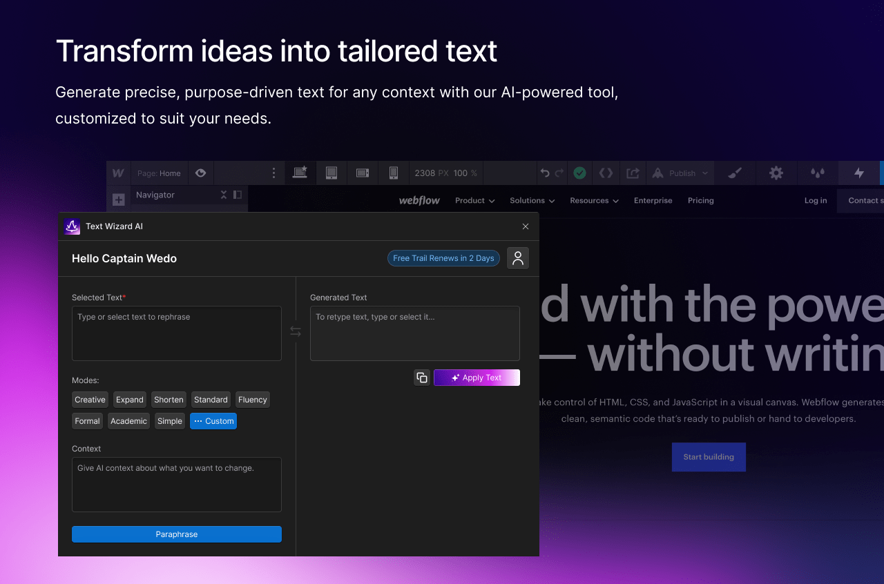 A preview of Text Wizard Ai Webflow appshowing how you can transform your ideas into tailored text inside Webflow cms, no need for lorem ipsums anymore