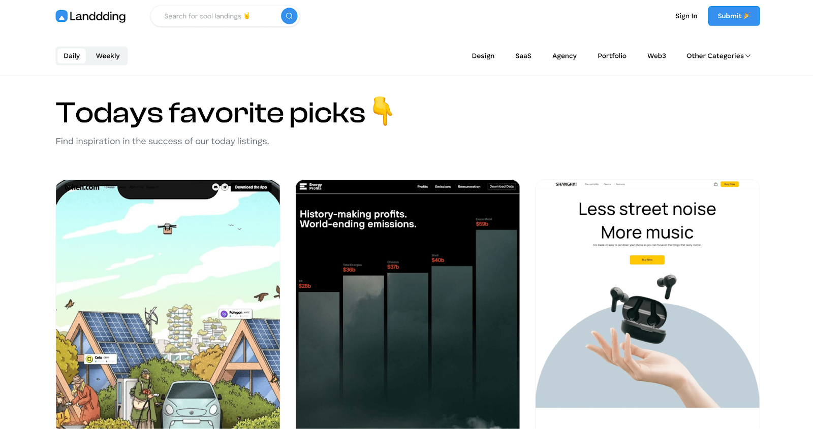 Landdding's homepage showcasing Todays 3 favorite project picks