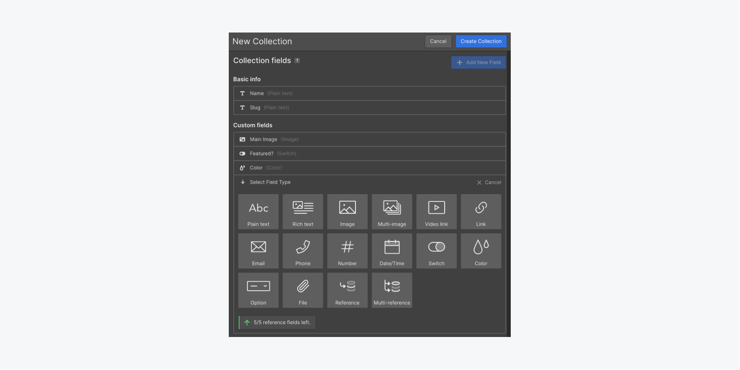 The new collection window inside the Webflow CMS