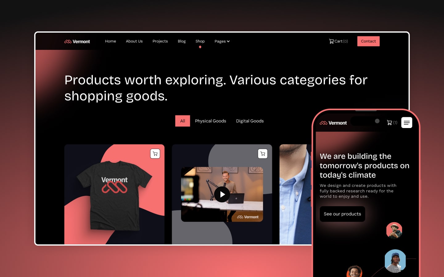 Vermont Template: Product-based website template showcasing various physical and digital goods with a clean design, cart feature, and mobile-friendly layout.