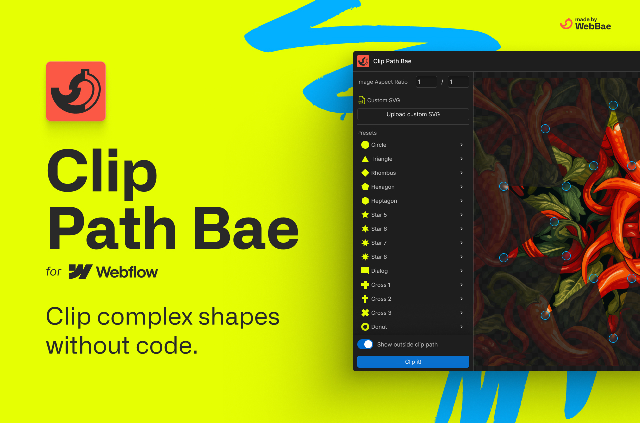 A preview of the Clip Path Bae Webflow App - an app the clips complex shapes without code
