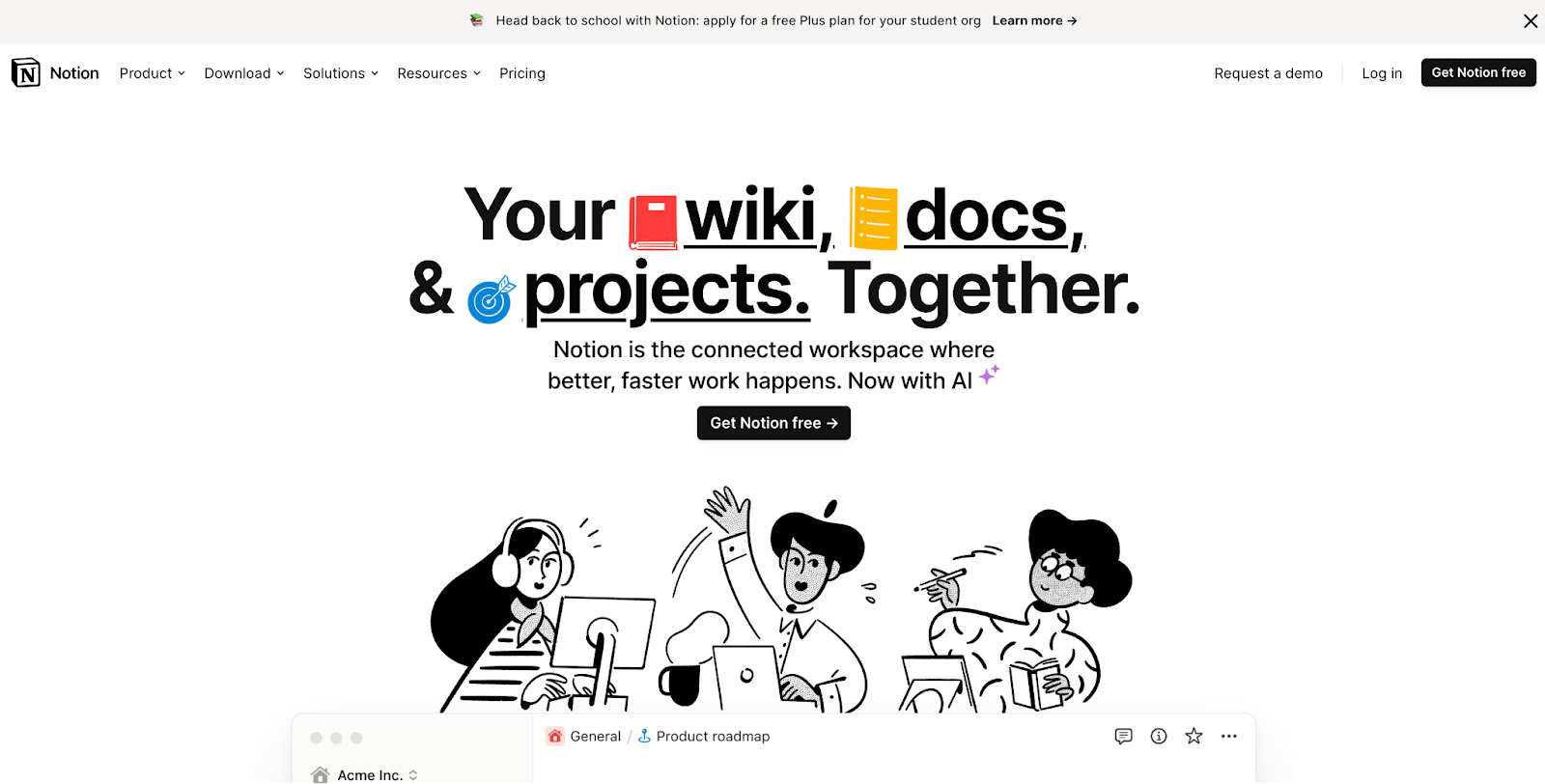 Notion's homepage screenshot, with a text saying "Your wiki, docs, projects. Together".