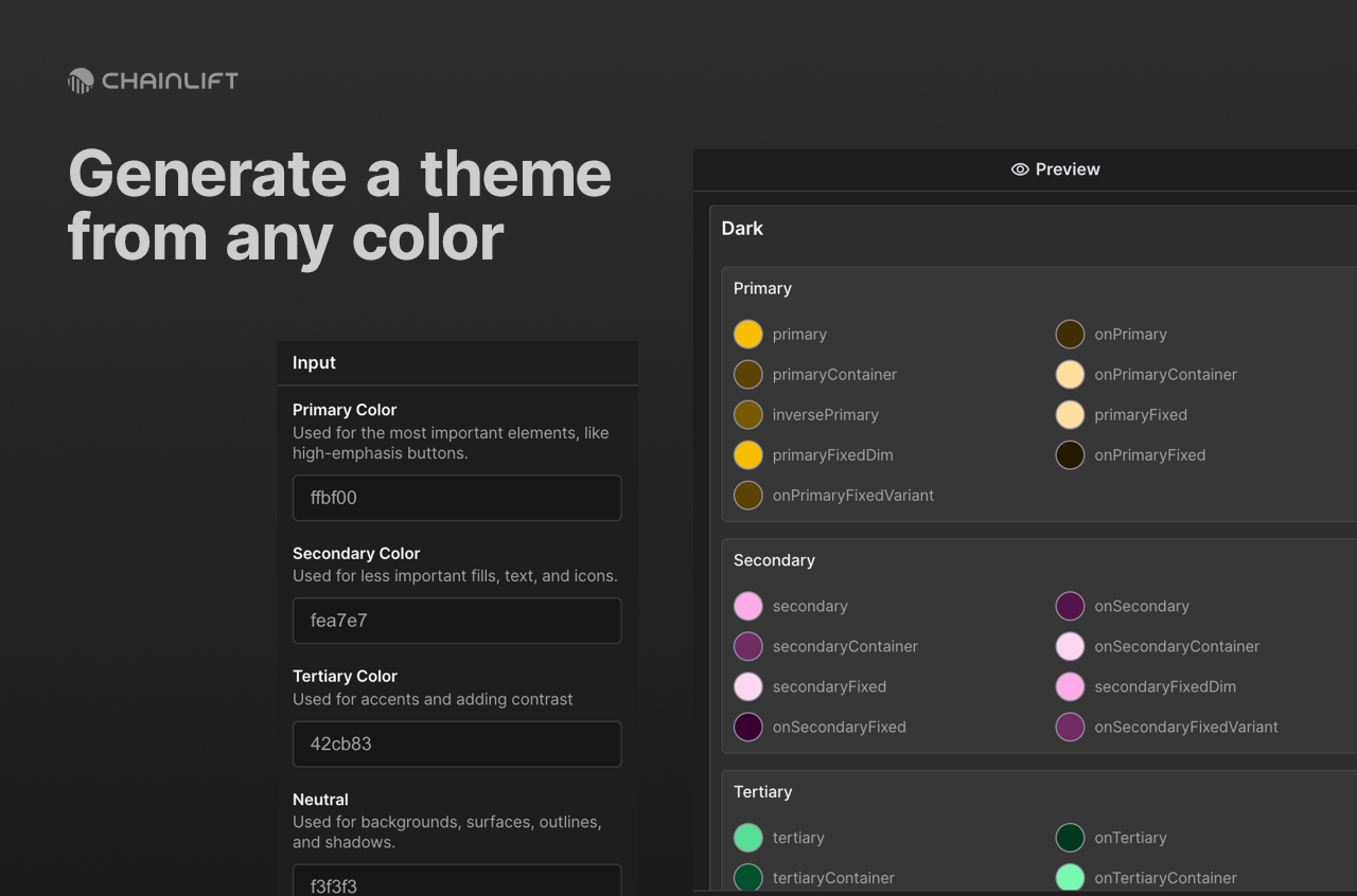 A preview of the Chainlift color Webflow App that allows ou to generate a theme from any color