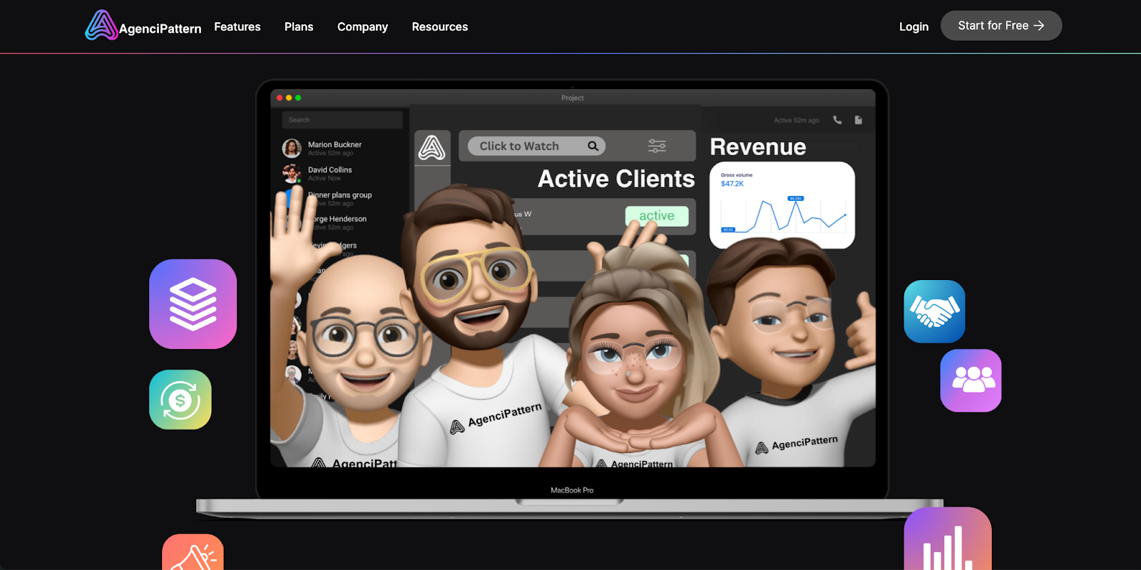 A screenshot of agencipattern.co dark theme website interface