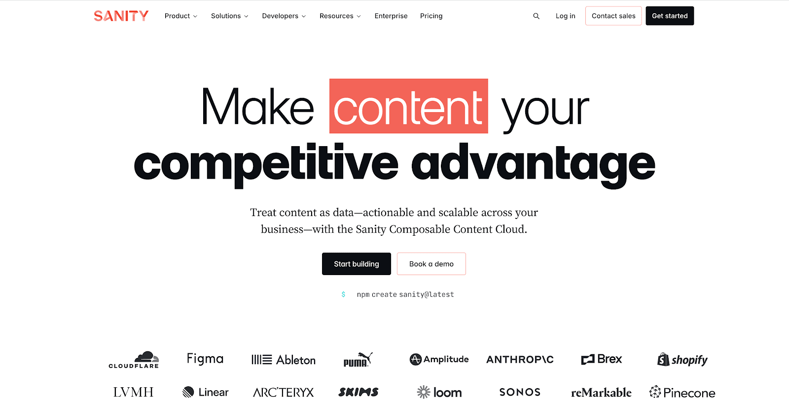 Sanity website homepage and a centered text in the hero section reading: Make content your competitive advantage